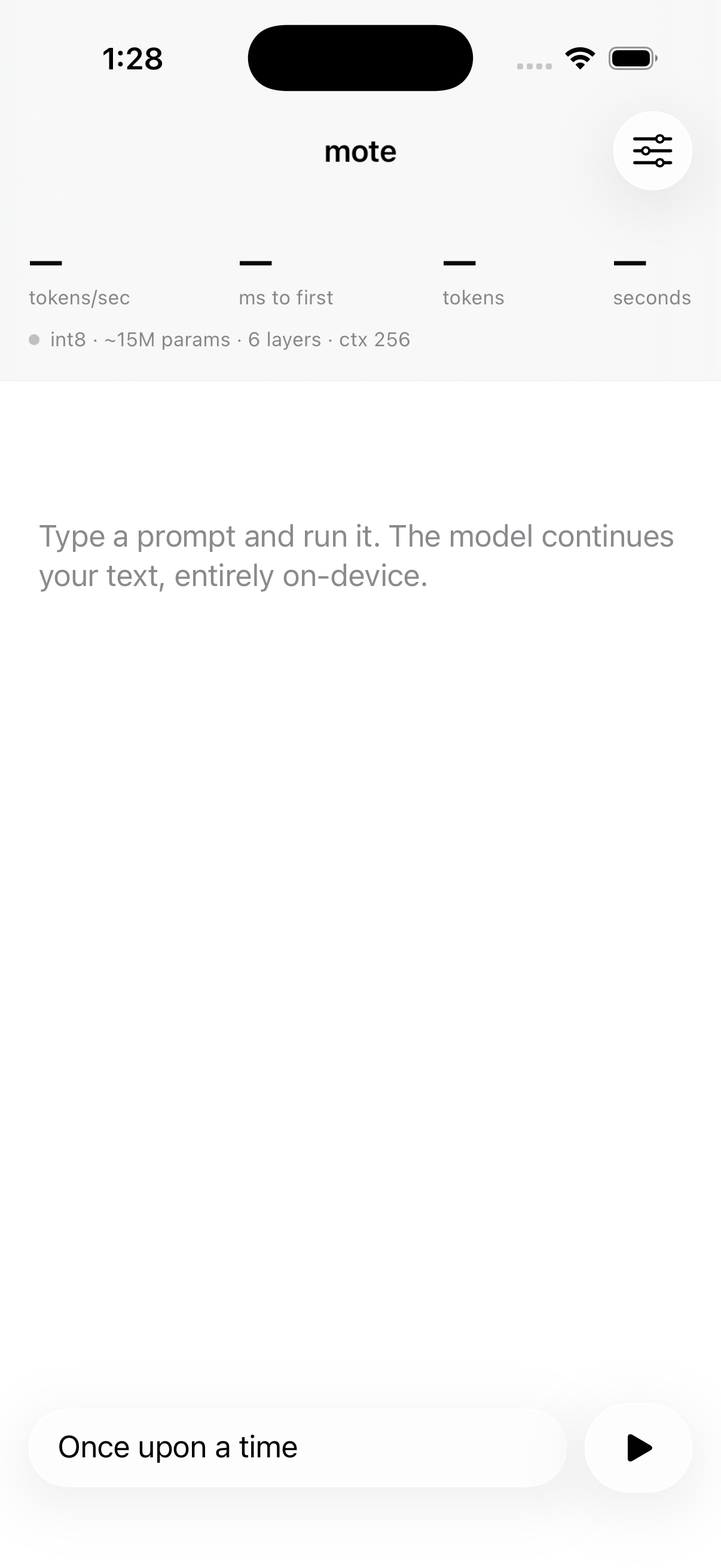 The mote iOS app: a prompt field, streaming output, and a stats bar showing tokens per second, the model running on-device.
