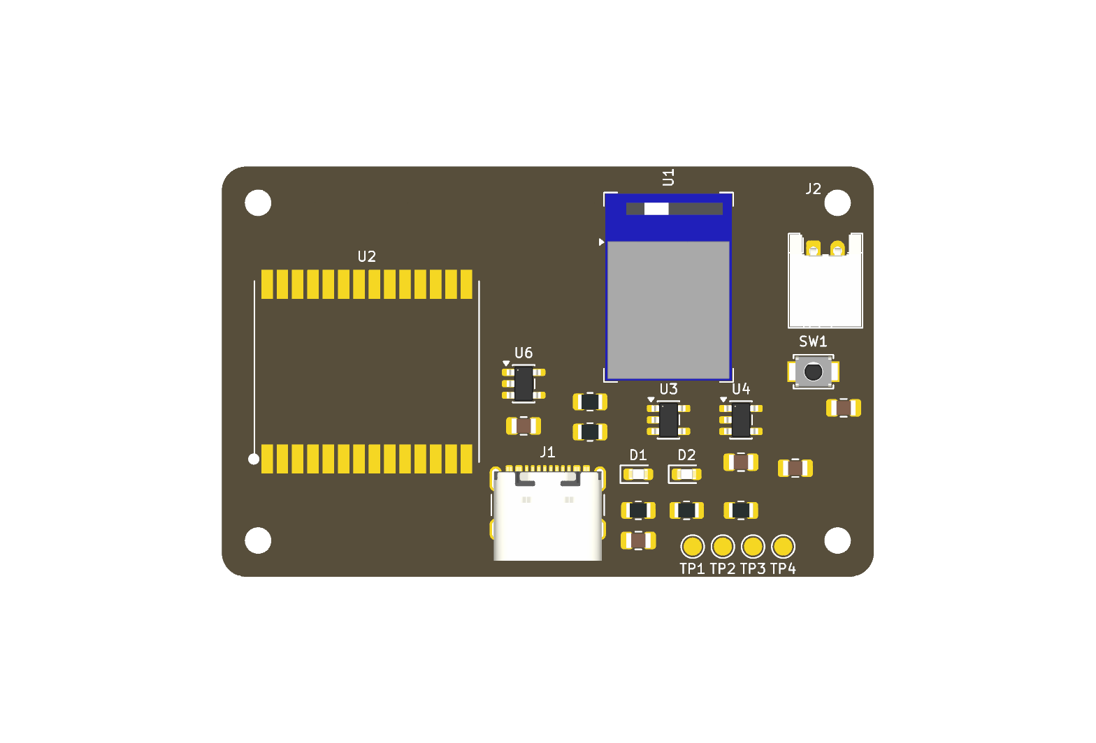 A render of the ràdá printed circuit board, showing the radar module, the nRF52840, regulators, USB-C, a battery connector, a button, and test points.
